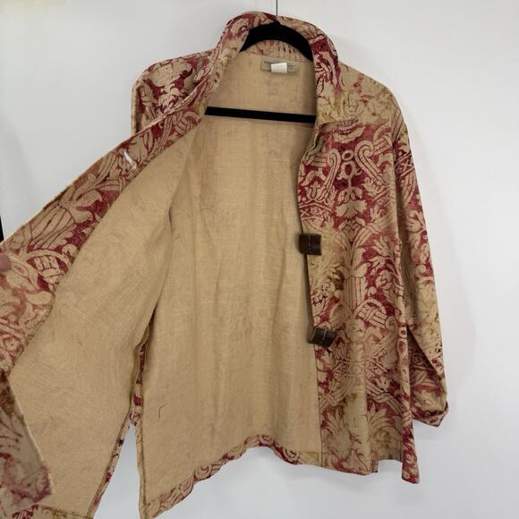 Painted Pony Linen Topper Jacket Boxy Small Boho Batik Print Big Button Artsy - Picture 6 of 10